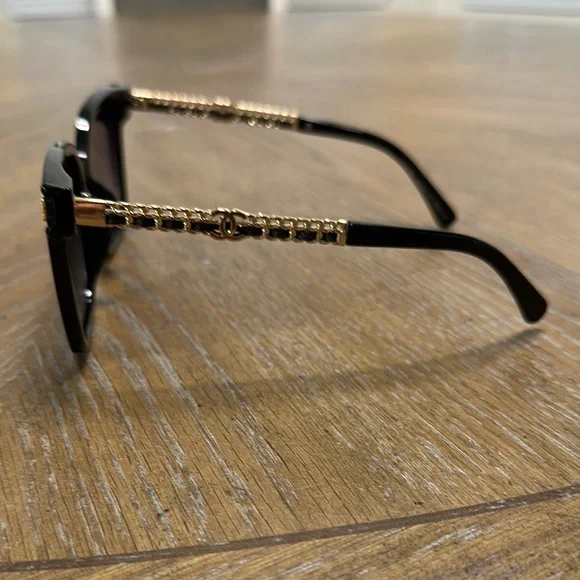 Chanel Black & Gold with black leather band on arms Square Sunglasses - Picture 3 of 6